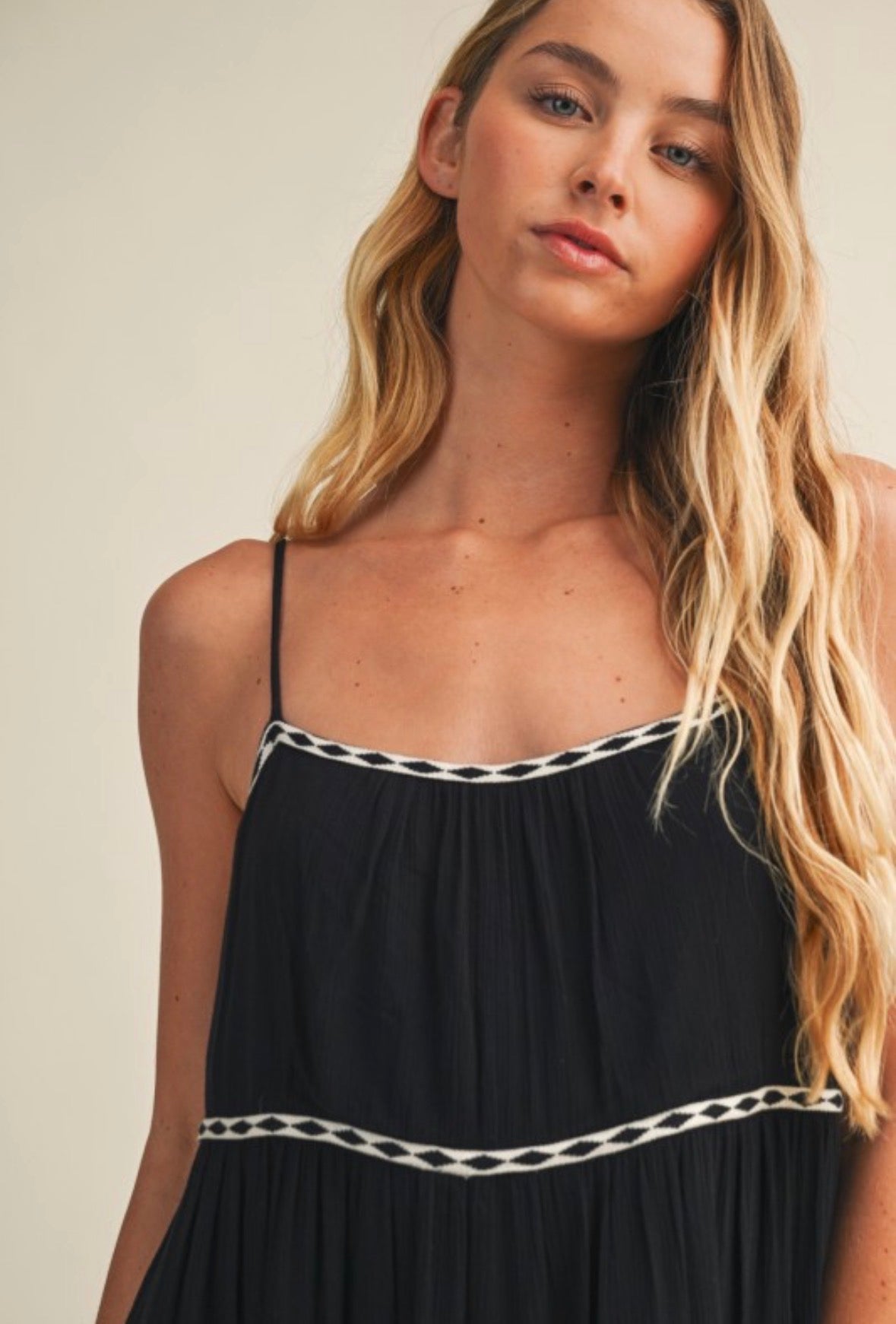Tape Trim with Shirred Tiered Romper Dress