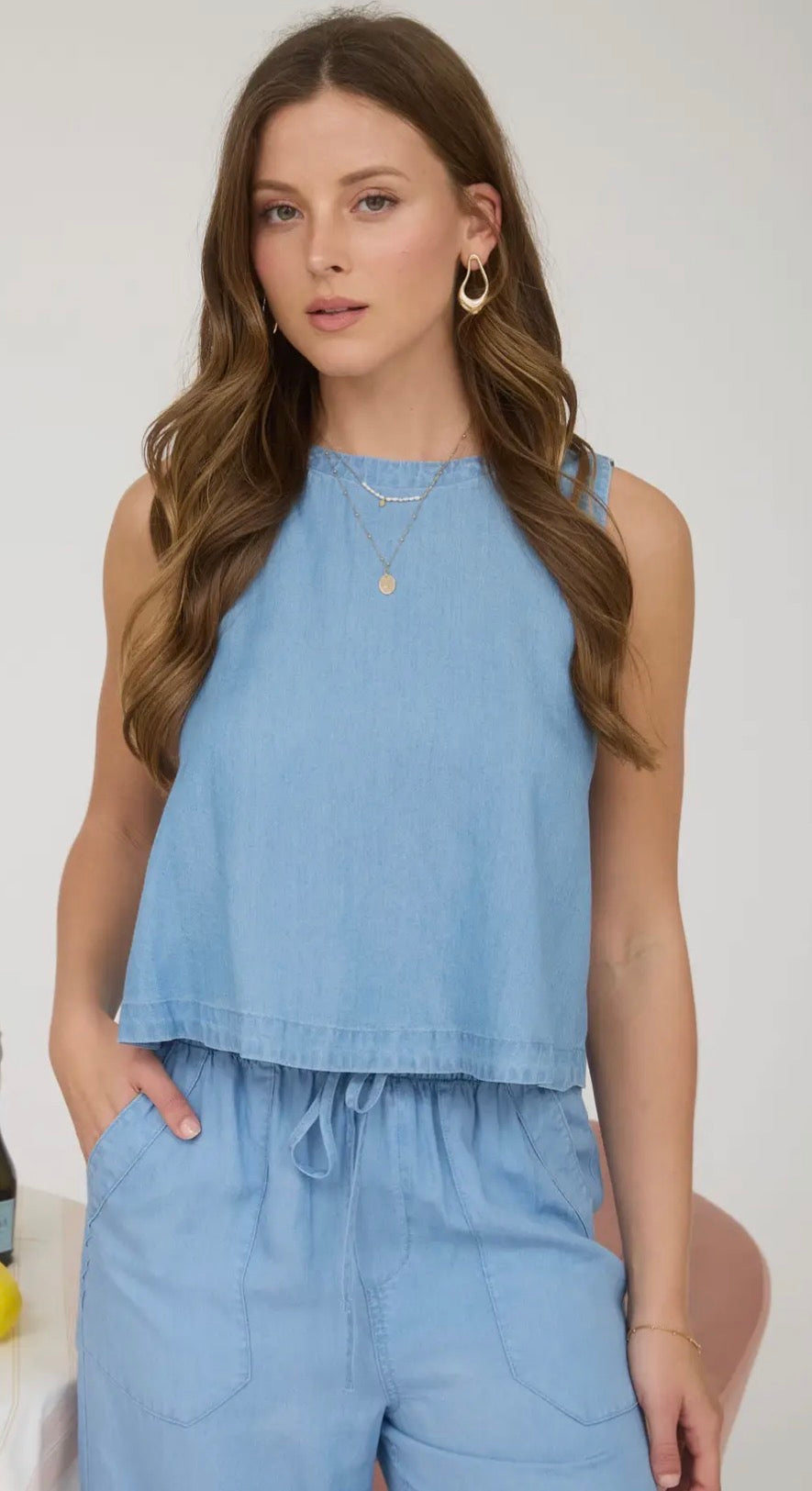 Back Button Sleeveless Chambray Top