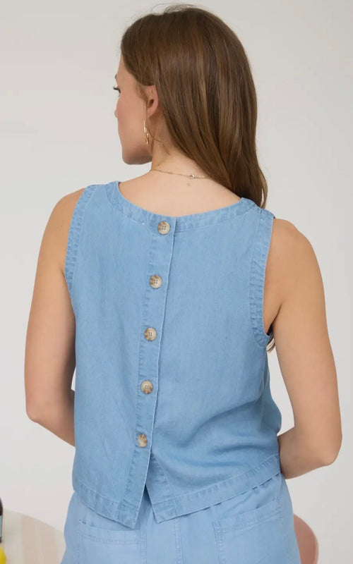 Back Button Sleeveless Chambray Top