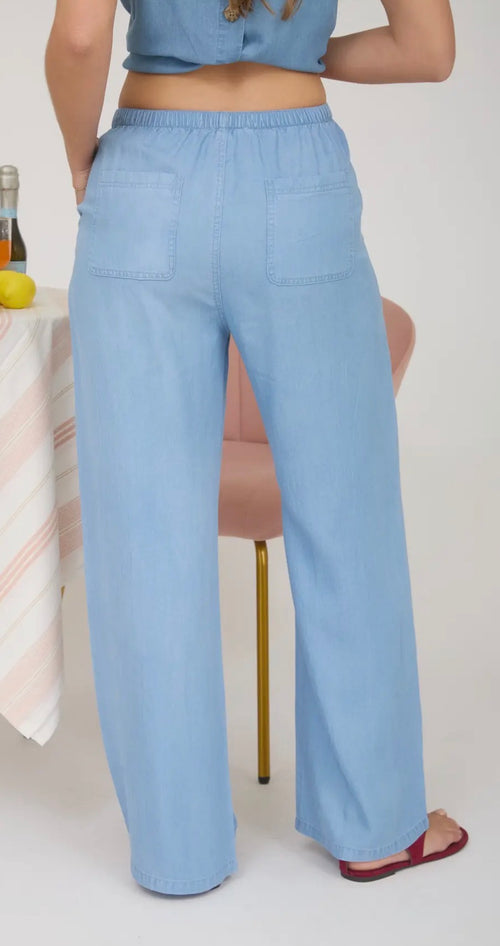 Chambray Drawstring Wide Leg Lounge Pants