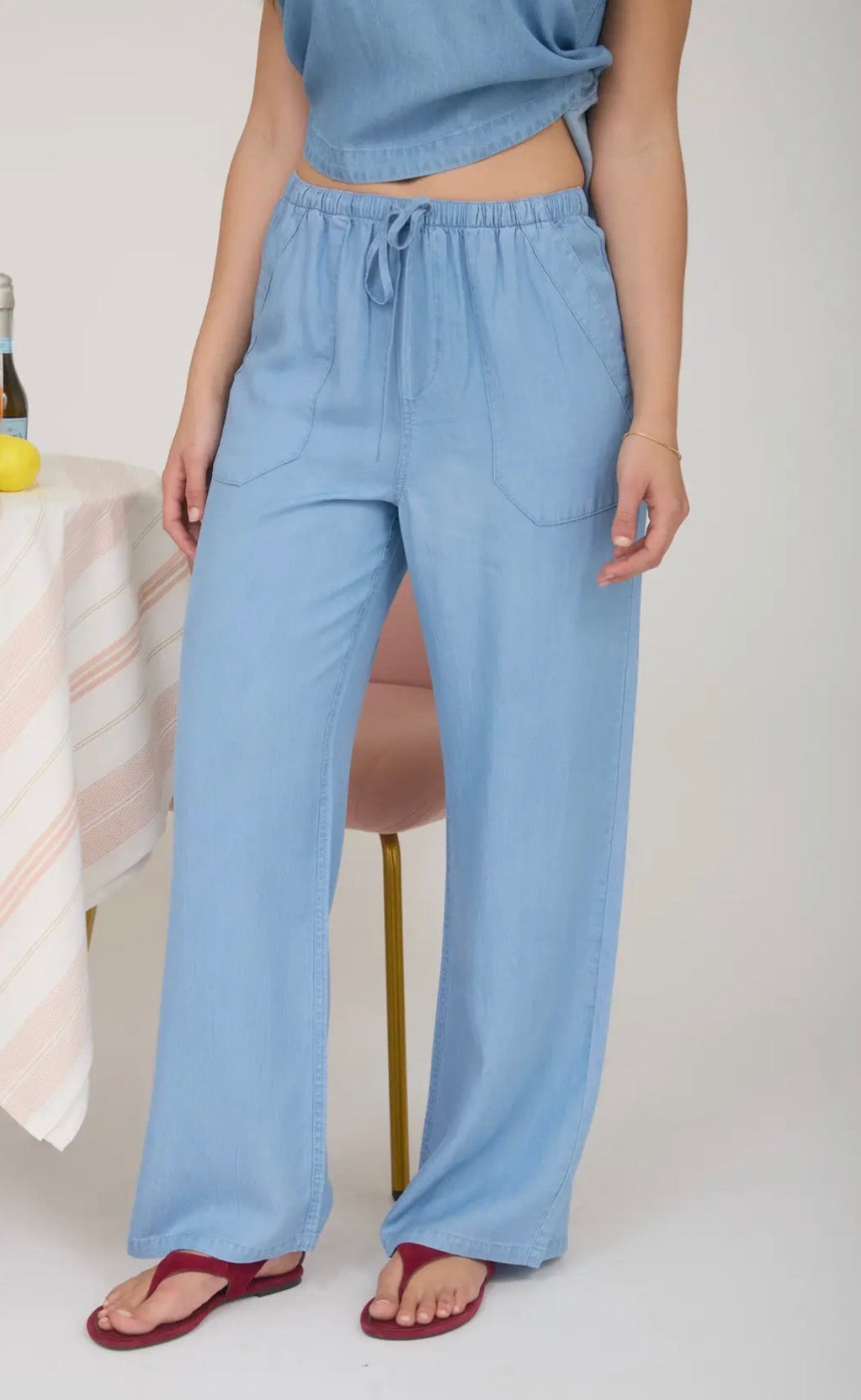 Chambray Drawstring Wide Leg Lounge Pants