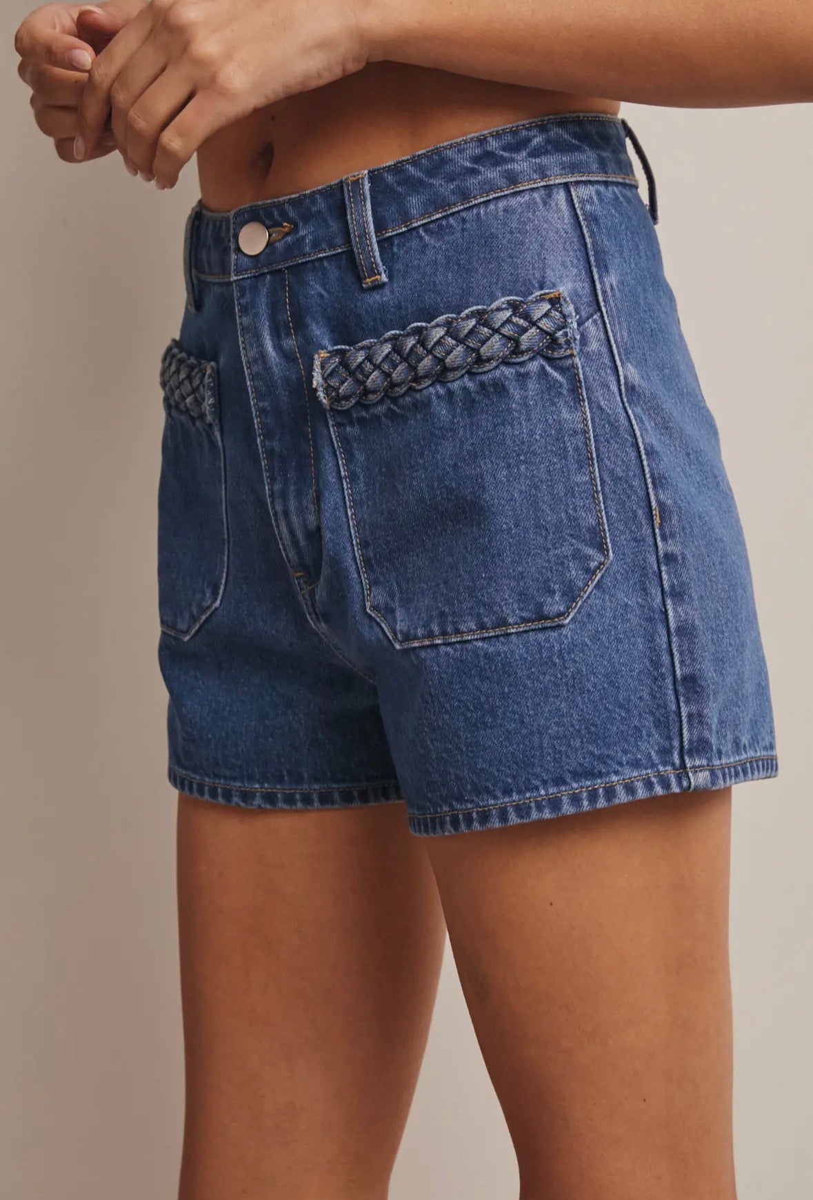 Braided Pocket Denim Shorts