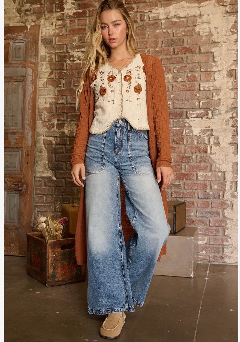 Textured Sheer Long Sleeve Side Slit Maxi Cardigan