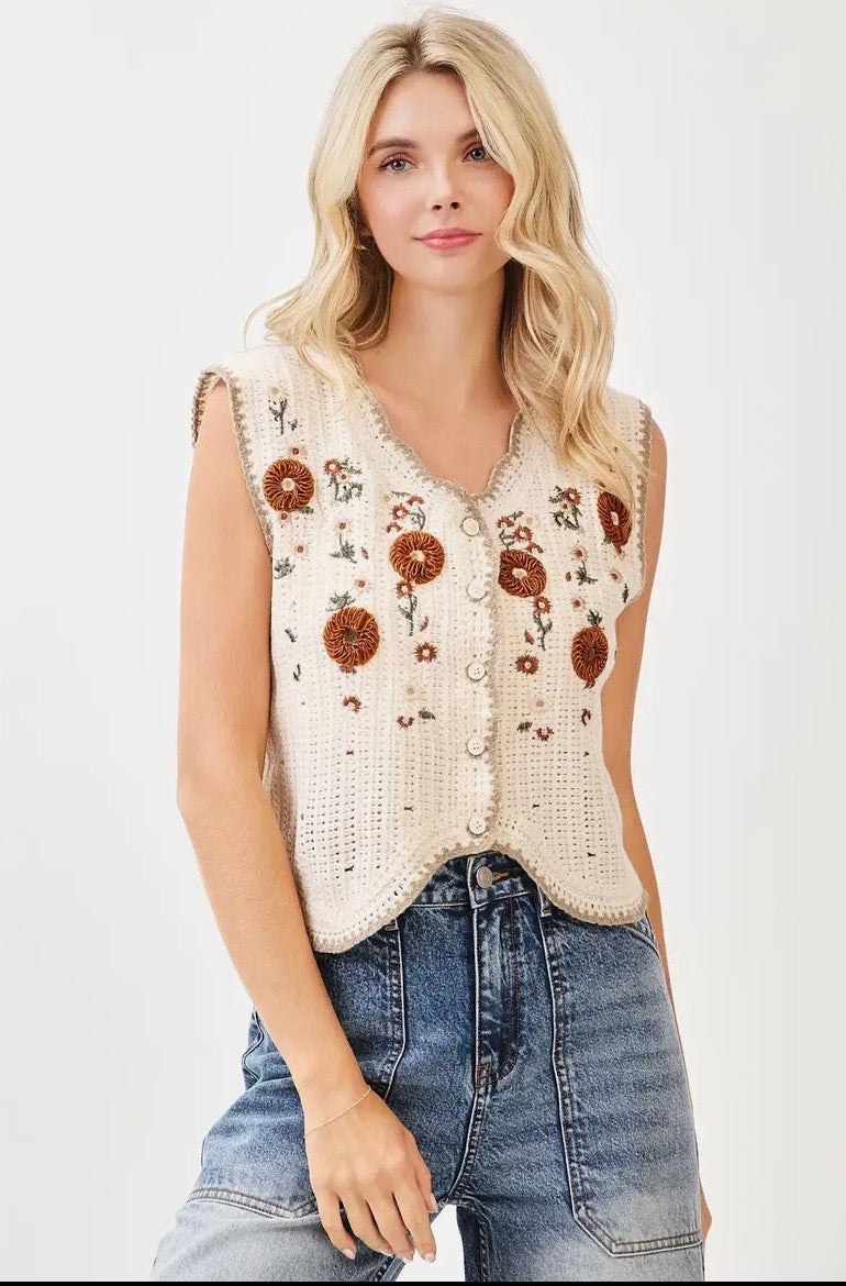 Floral Embroidery Sleeveless Vest Crochet Top
