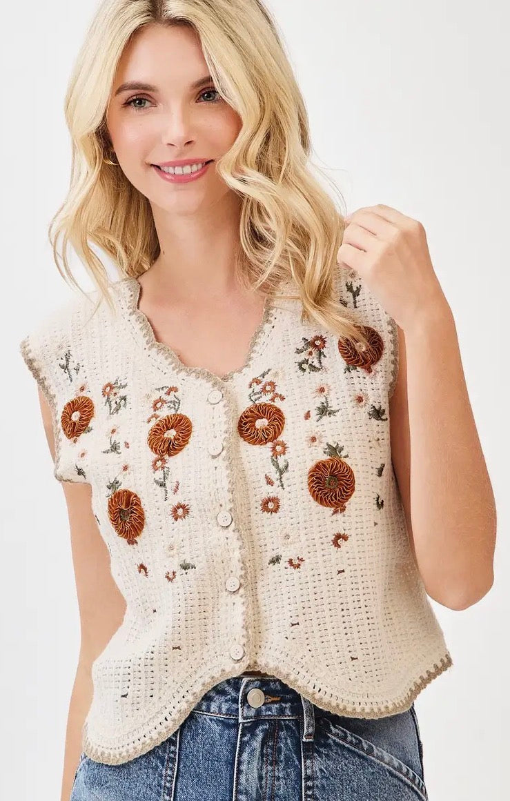 Floral Embroidery Sleeveless Vest Crochet Top