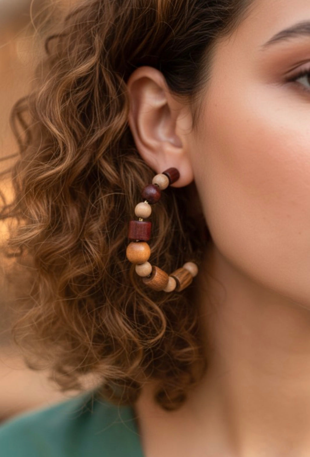 Mixed Wood Bead Hoop Earrings