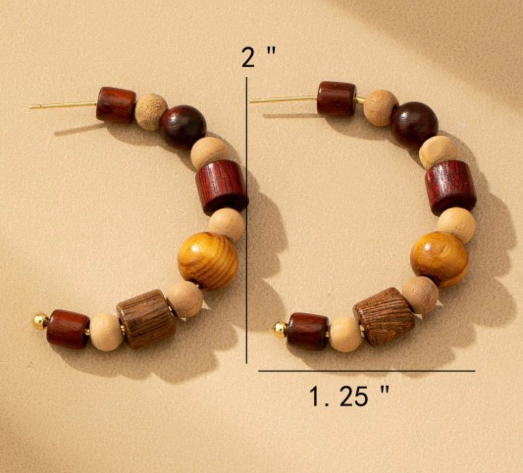 Mixed Wood Bead Hoop Earrings