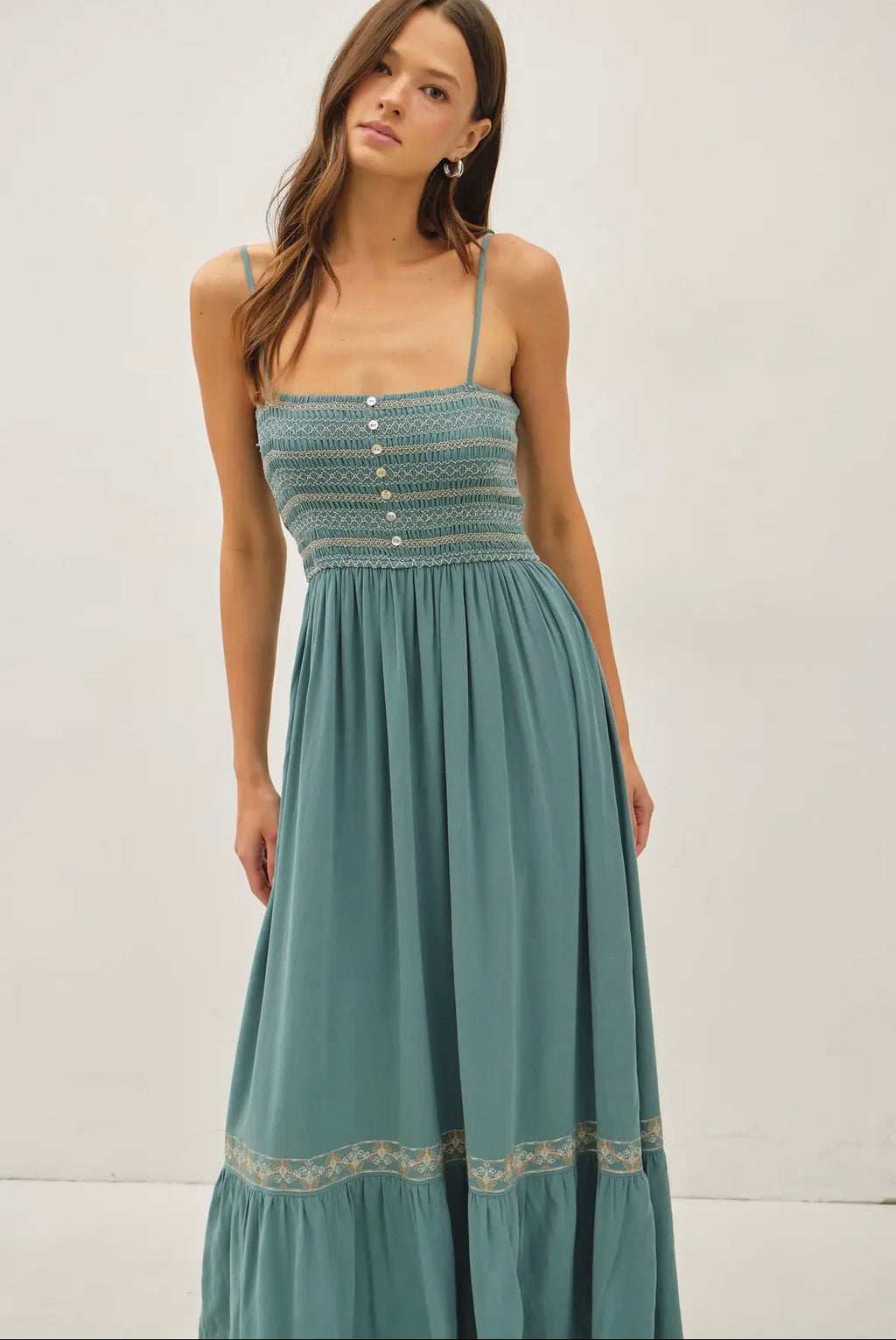 Smoked Bodice Embo Maxi Dress