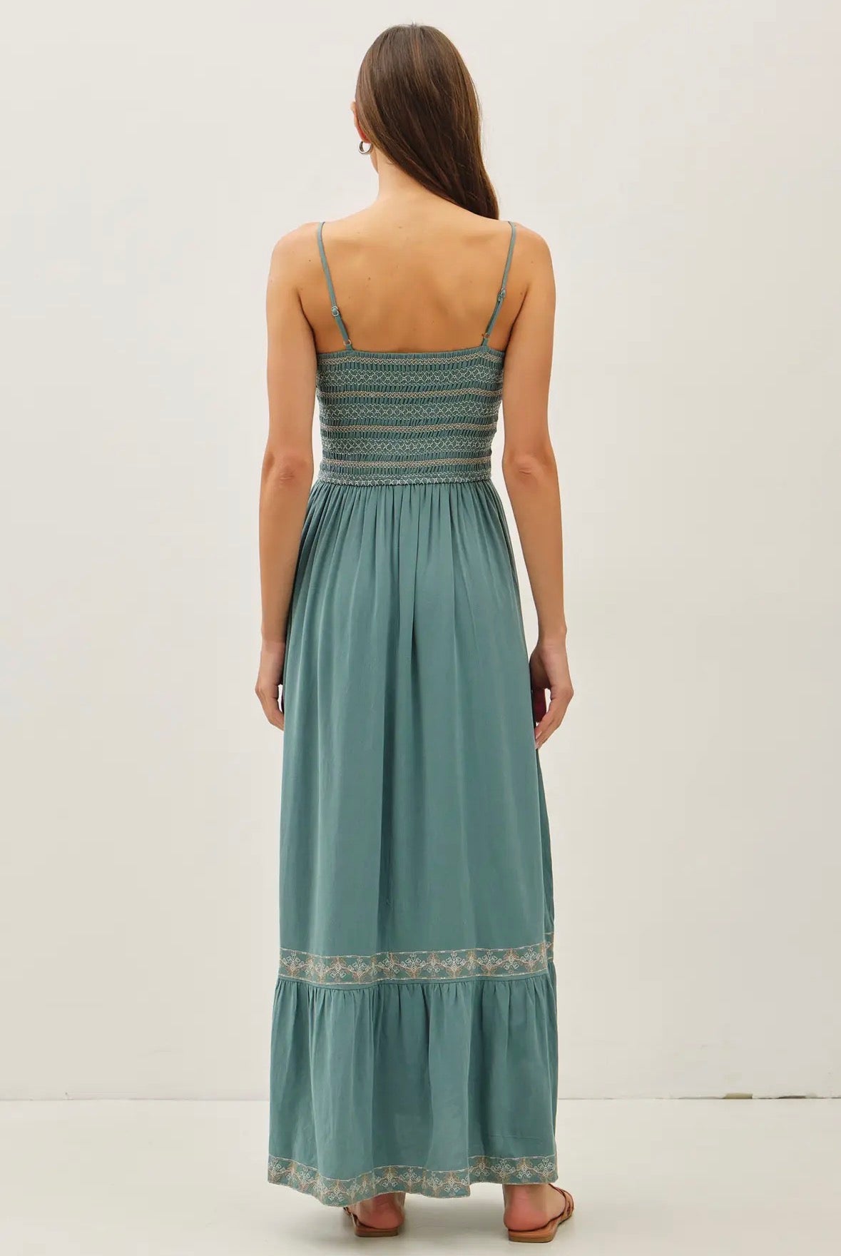 Smoked Bodice Embo Maxi Dress