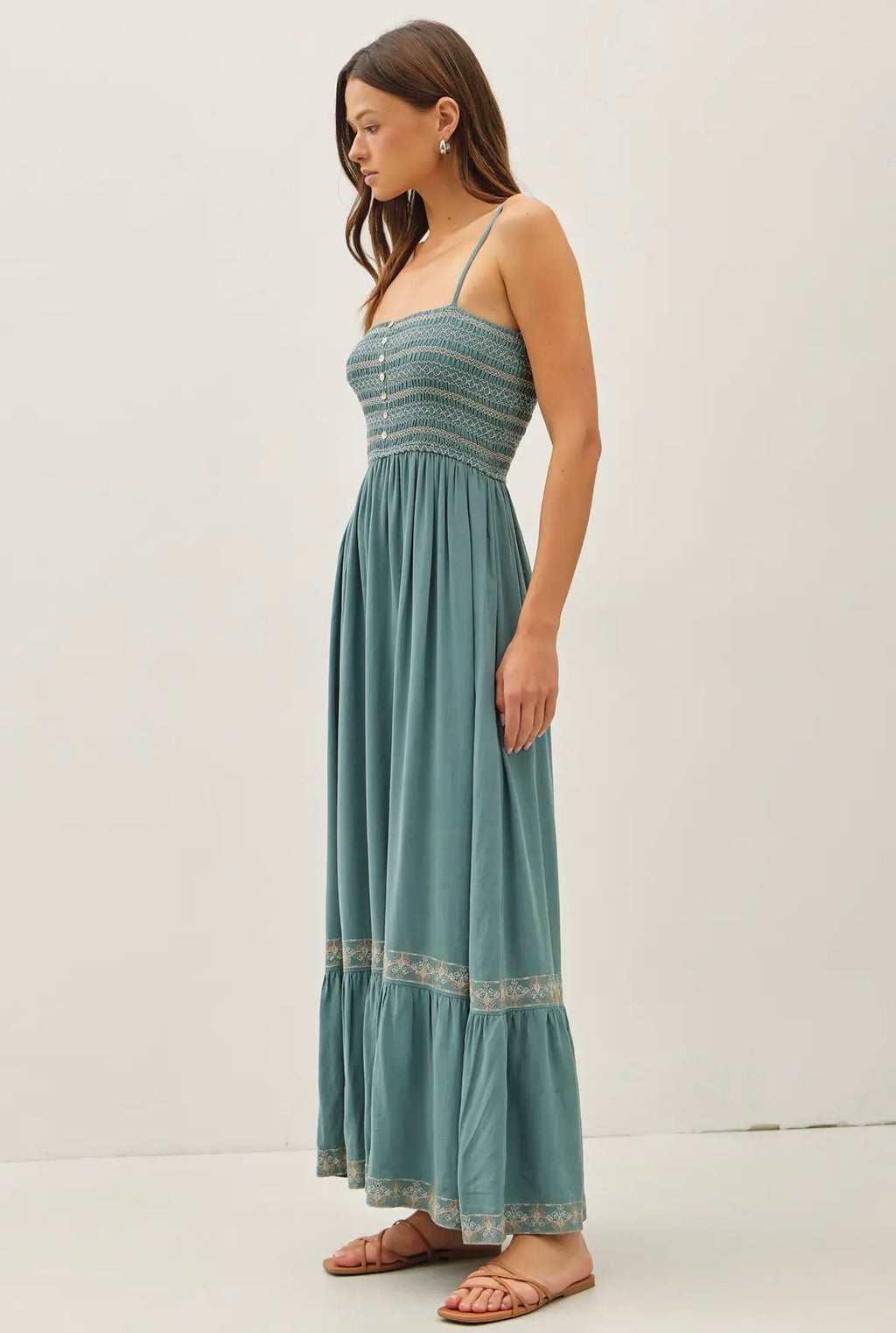 Smoked Bodice Embo Maxi Dress
